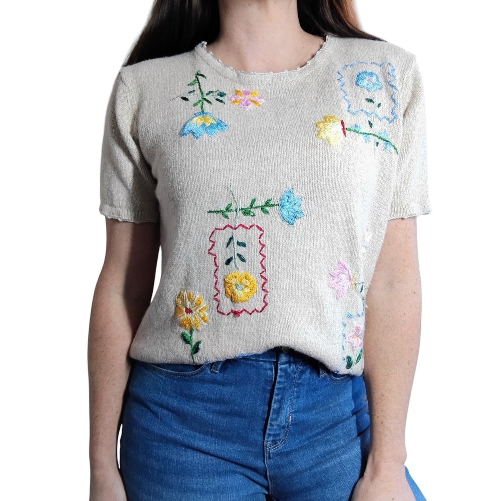 Vintage Salon Studio Floral Knit Top Cream Womens Medium Granny Cottagecore